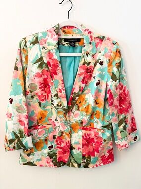 89th & Madison Floral Blazer Jacket Small Aqua Pink Cotton